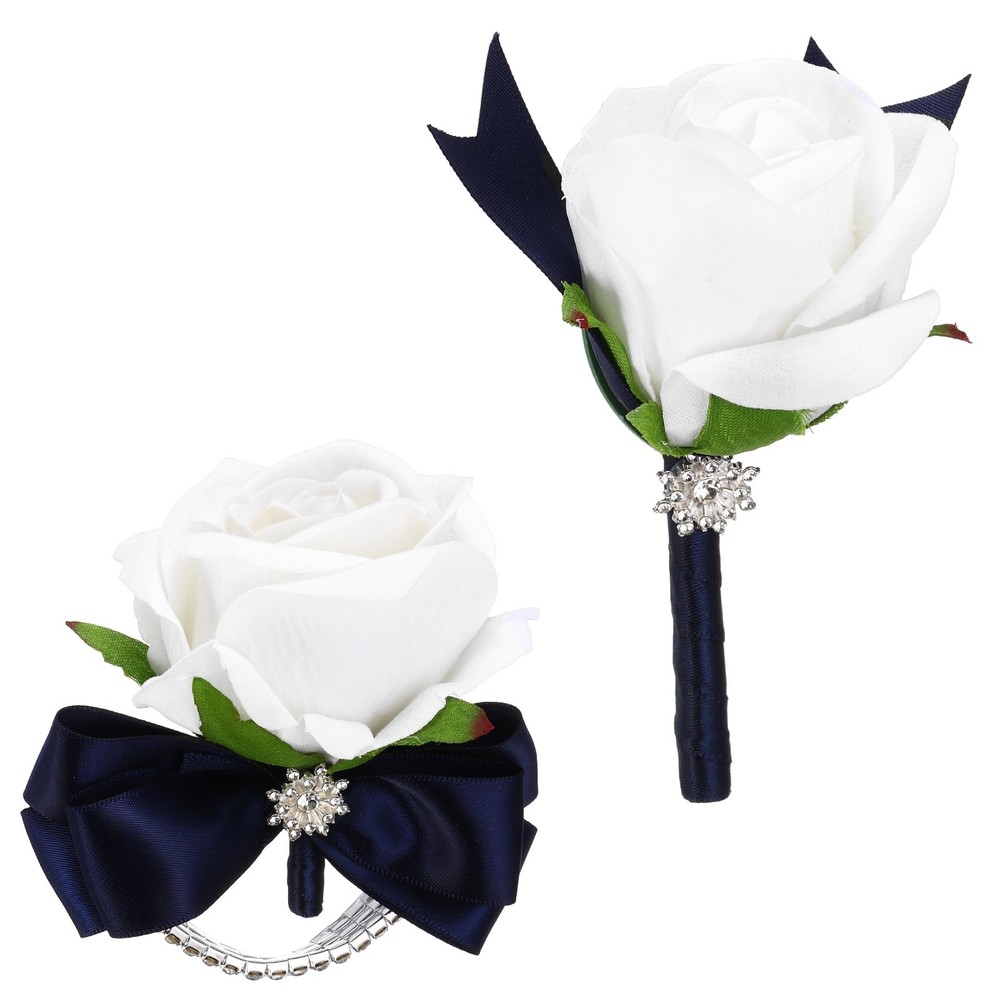 2Pcs Wrist Corsage Boutonnieres Set with Navy Blue Ribbon, White