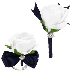 2Pcs Wrist Corsage Boutonnieres Set with Navy Blue Ribbon, White