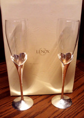LENOX Wedding Promises Heart Flute Glass Pair Bride-Groom Stem Silver-Plate 281