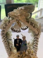 Vintage 1950s Wedding Anniversary Cake Topper Couple in Arch Bells Blue Dress