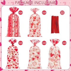 100 Pcs Valentine Treat Bags – Red Heart Cellophane Goodie Bags, Valentines