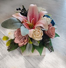 Pink Stargazer Lily Bridal Bouquet Navy Blue Sola Wood Cascade Bridesmaid Flower