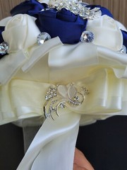 8″ Navy Blue Satin Rose Bridal Wedding Brooch Bouquet with Sparkle Rhinestones