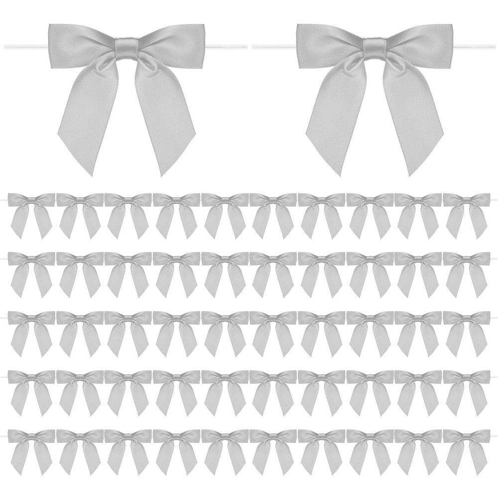 50-Pack Satin Ribbon Twist Tie Bows, 3.5″ Bow Twist Ties for Craft [Light Grey]