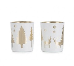 Set of 2 White Christmas Votive Holders, Winter Trees & Reindeer Tealight Cups