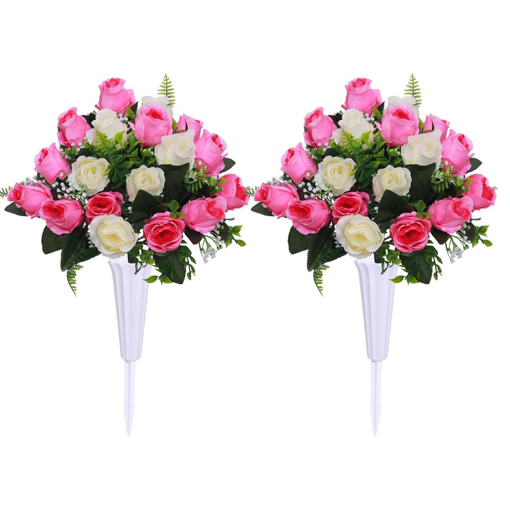 Hibsotco Set of 2 Artificial Cemetery Flowers with 2 Bouquets, White & Pink