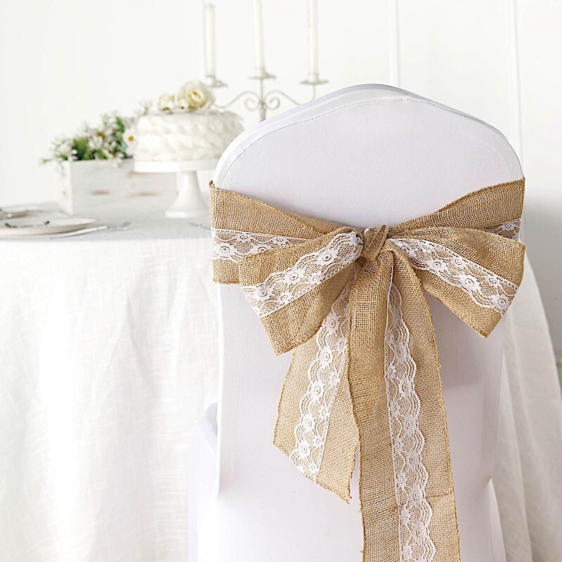 5×108-Inch Natural BURLAP CHAIR SASH White Floral Lace Party Event Supplies