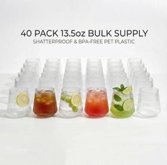 40 Pack 13.5oz Plastic Stemless Wine Glasses – Unbreakable BPA 40 PCS Clear