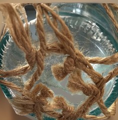 Nautical Teal Blue Glass and Twine Rope Decorative Jar / Vase