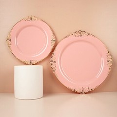 10 DUSTY ROSE GOLD 8″ Round Plastic Salad Dinner PLATES Embossed Baroque Rim