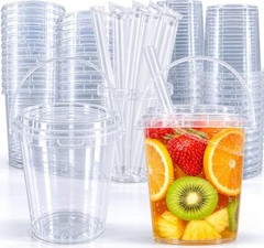 Drink Buckets with Lids and Straws, Reusable Clear Plastic Party 30 Sets 34 oz