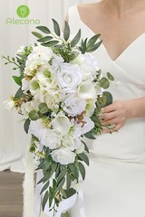 Alecono Wedding Bouquets for Bride, 9.8in Artificial White Bridal Bouquets fo…