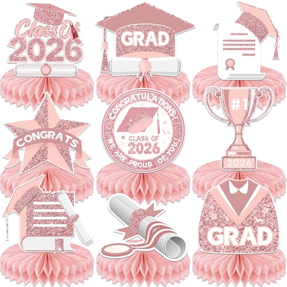 2026 Pink Graduation Decorations Honeycomb Centerpiece for Rose Gold
