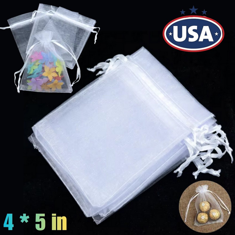 100× Sheer Organza Bags White Wedding Favor Candy Bags with Drawstring 4″x5″ USA