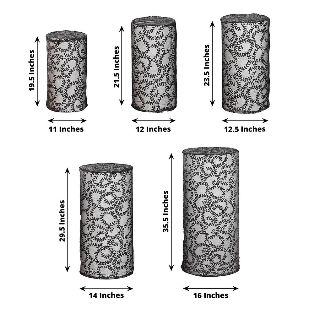 5 BLACK Geometric Sequins Cylinder Display STAND COVERS Set Party Decorations