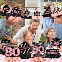 Happy 80th Birthday Rose Gold and Black Table Honeycomb Centerpieces Balloons…