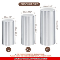 Set of 3 Cylinder Spandex Stand Covers, Silver Tone, Foil Fabric-Large