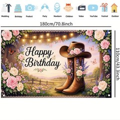 Western Cowgirl Birthday Backdrop Banner Country Boot Hat Floral Glitter Brow…