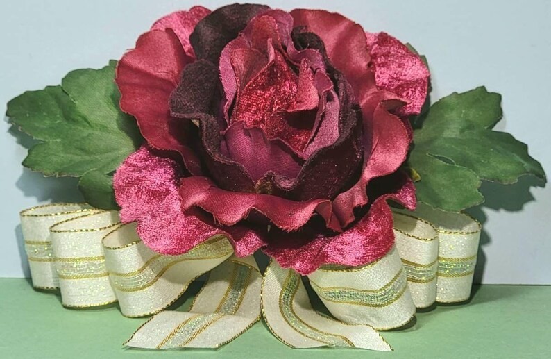 Large Deep Red Velveteen Silk Rose & Bow Corsage Princess «Kachi» Garden Flower