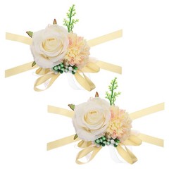 2Pcs Artificial Corsage Wristlet Flower Wrist Prom Corsage Champagne