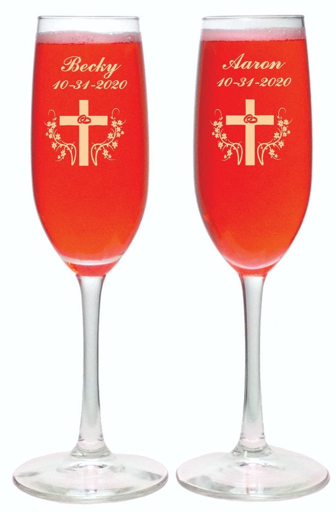 Double Rings Cross Toasting Champagne Wedding Flutes glasses Names, Date FREE !