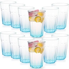 Unbreakable Plastic Drinking Glasses Set of 12, BPA-Free Reusable Clear Blue