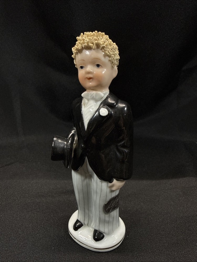 Vintage Lefton Porcelain Groom man in tuxedo pinstripe pants spaghetti hair 941