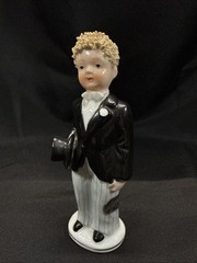 Vintage Lefton Porcelain Groom man in tuxedo pinstripe pants spaghetti hair 941