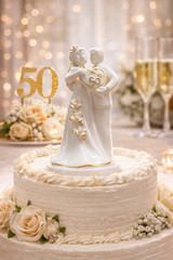 50th Wedding Anniversary Cake Topper Porcelain Couple Gold Heart Decor 5″