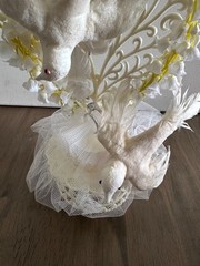 Vintage White Doves Heart Tulle Flowers Wedding Rings Cake Topper 11”