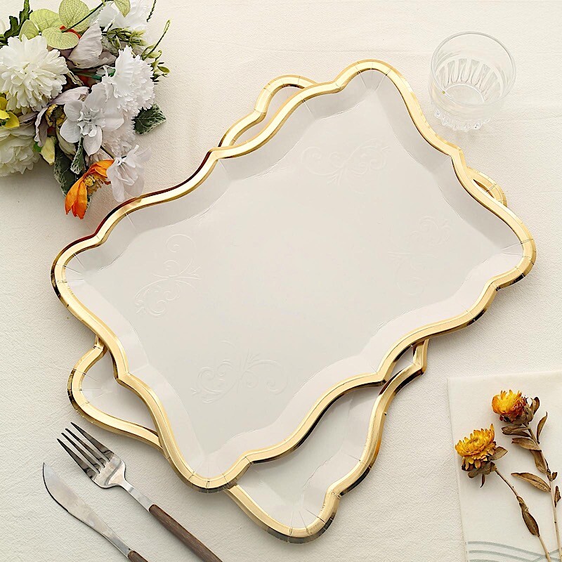 WHITE 10 Rectangle 14″ Paper SERVING TRAYS Scroll Design Gold Rim Party Events