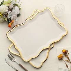 WHITE 10 Rectangle 14″ Paper SERVING TRAYS Scroll Design Gold Rim Party Events