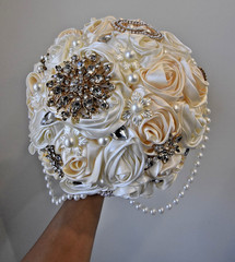 Handmade Satin Rose Ribbon Wedding Bouquet Artificial Bridal Pearls Beads Ivory