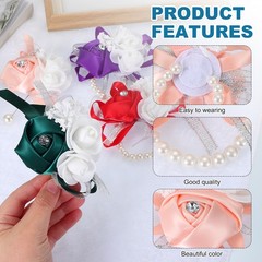 2 Pcs Wrist Corsage Silk Rose Pearls Wedding Bridesmaid Champagne