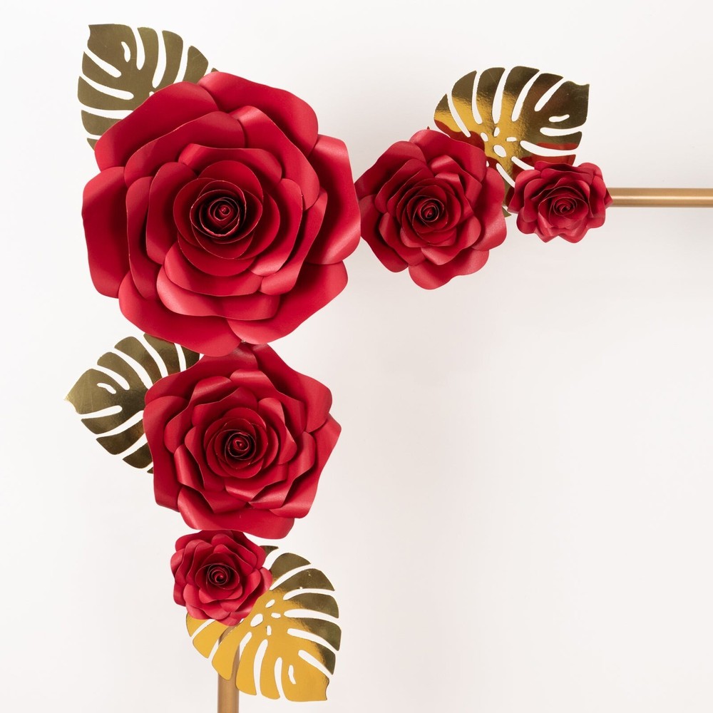 9 RED 3D Rose Paper Flowers with Gold Monstera Leaves Wedding Decorations