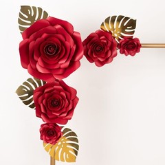 9 RED 3D Rose Paper Flowers with Gold Monstera Leaves Wedding Decorations