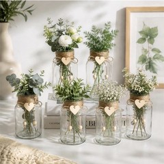 Wedding Mason Jar Vase Centerpieces Set, Clear Glass w/ Twine Heart, 6.3in