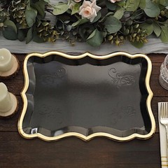 BLACK 10 Rectangle 14″ Paper SERVING TRAYS Scroll Design Gold Rim Party Events