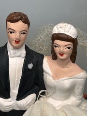 Vintage 1950s Wedding Cake Topper Ceramic Fabric Small Pretty Classic Brunette