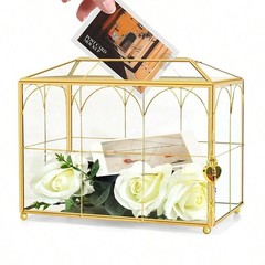 Gold Glass Wedding Card Box With Slot Lockable For Reception Baby Shower Graduat