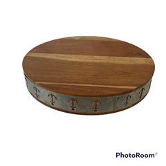 Cake Stand Riser 4.5” High 11” Round Wood Galvanized Metal Band Trim India Made