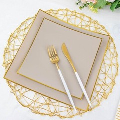 10 TAUPE 10″ Square Concave Plastic Salad Dinner PLATES Gold Rim Party Events