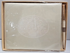 Vintage Hallmark Ivory Satin Wedding Guest Book Embossed Basket of Flowers w/Pen