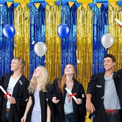 6 Pack 3.3Ft x 6.6Ft Graduation Foil Fringe Curtain Backdrop Decorations, Blu…
