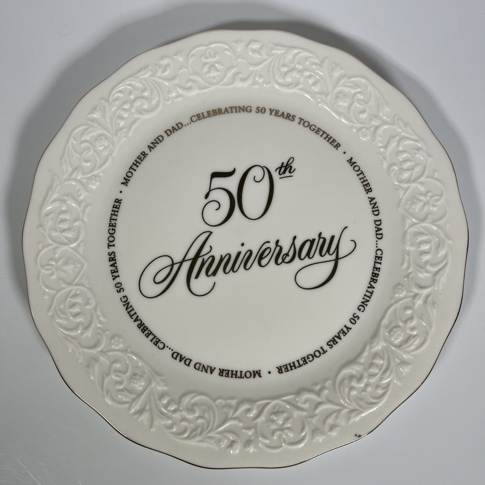 Hallmark 50th Wedding Anniversary Plate White With Gold Trim Writing On Back