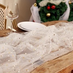 Gold Sequin Gauze Table Runner Whit Star 10FT,Sheer Tulle 10ft x 1pcs White