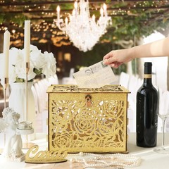 Glittery Gold Wedding Card Box with Lock, Wooden Gift Card Box for Wedding Re…