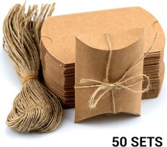 50Pcs Small Kraft Paper Pillow Gift Boxes w/ Twine for Jewelry Candy Party Favor