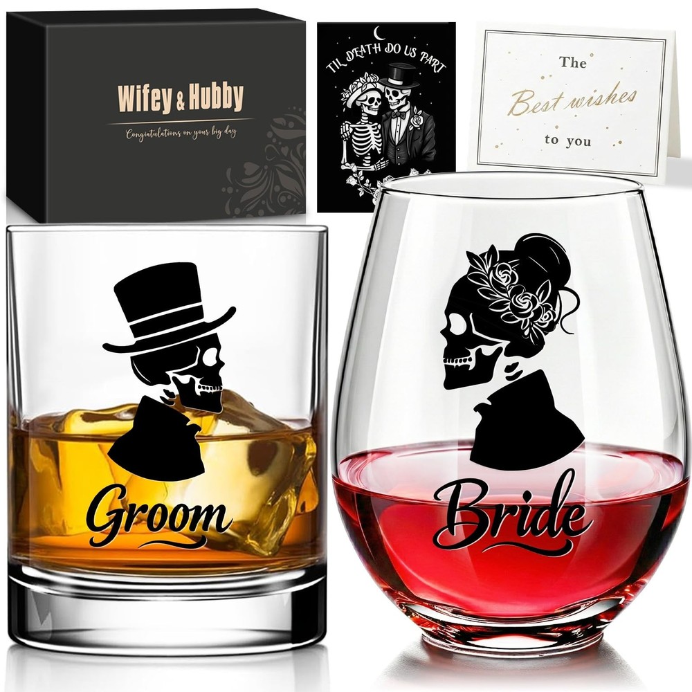 Skull Bride & Groom Wine Glass for Couples – Till Death Do 19oz, Transparent