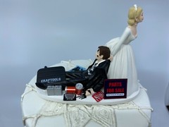 Funny Auto Bride and Groom Wedding cake topper JO